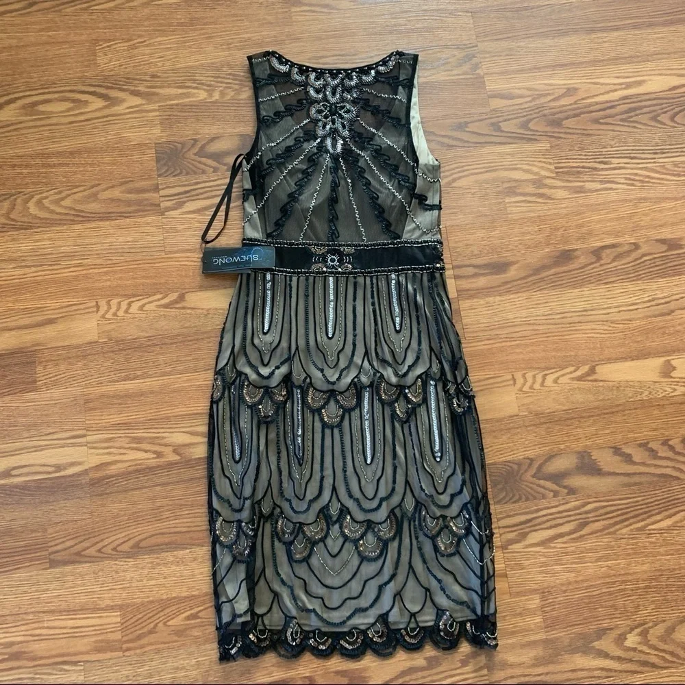 SUE WONG 4 Black Nude Beaded Sequin embellished Formal Cocktail dress